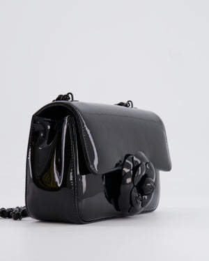 Chanel Black Mini Single Flap Bag in Patent Leather with Camelia and Black Hardware