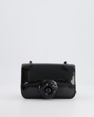 Chanel Black Mini Single Flap Bag in Patent Leather with Camelia and Black Hardware