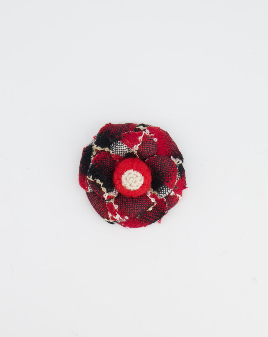 Chanel Red Camelia Wool Brooch with Black and White Embroidered Details