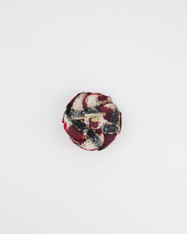 Chanel Red Camelia Wool Brooch with Black and White Embroidered Details