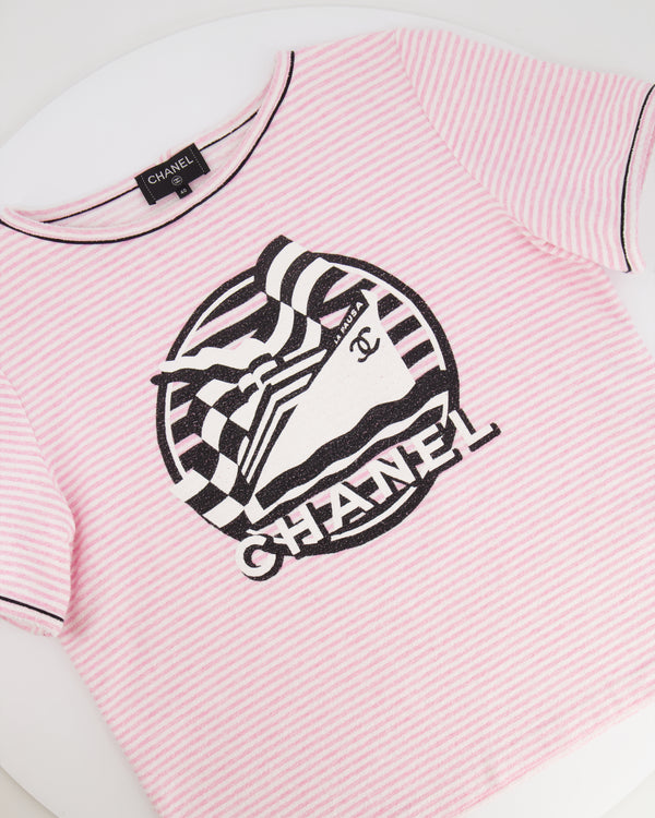Chanel Pink Cruise 2019 La Pausa Striped T-Shirt with CC Logo Detail Size FR 40 (UK 12)