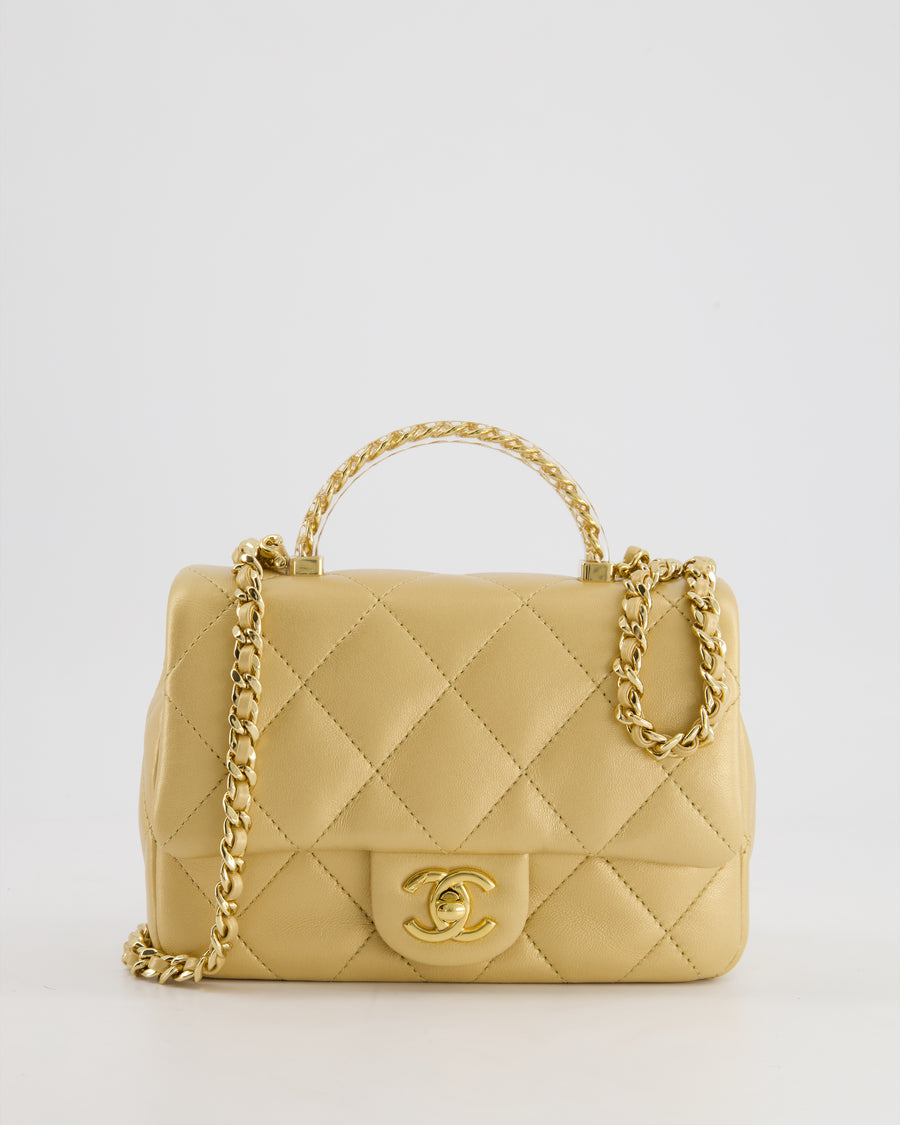 *CURRENT COLLECTION* Chanel Metallic Gold Mini Top Handle Bag in Calfskin Leather with Gold Hardware and Clear Perspex Handle Detail