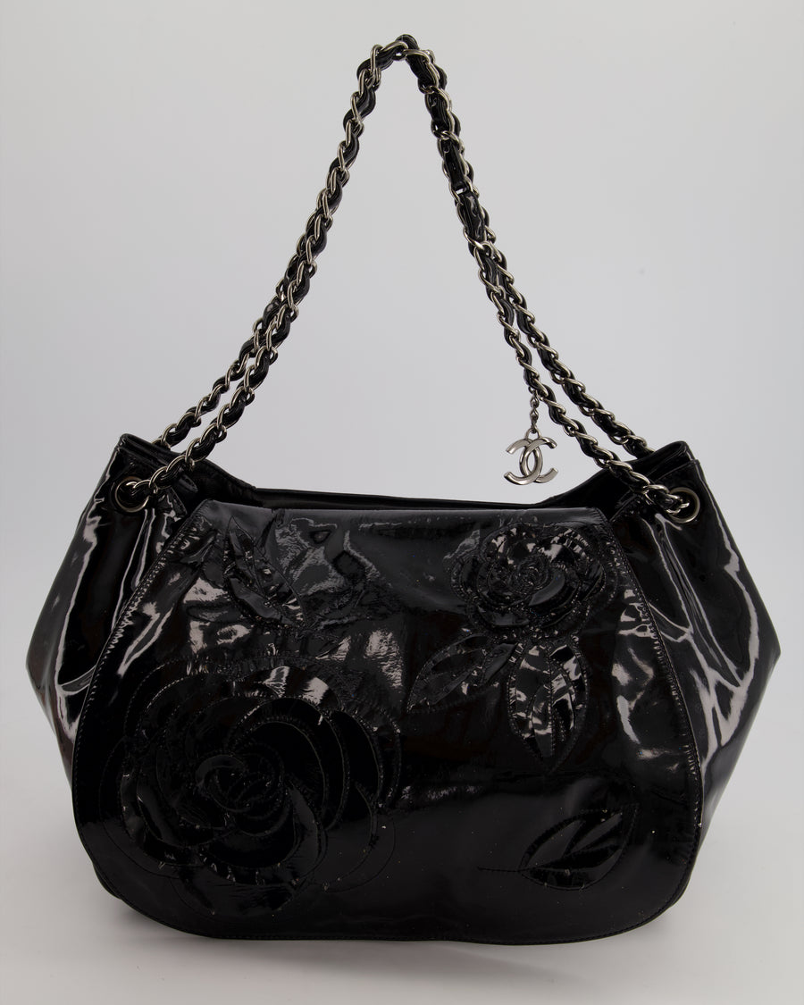 Chanel Black Patent Camellia Shoulder Bag With Silver Hardware