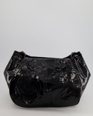 Chanel Black Patent Camellia Shoulder Bag With Silver Hardware