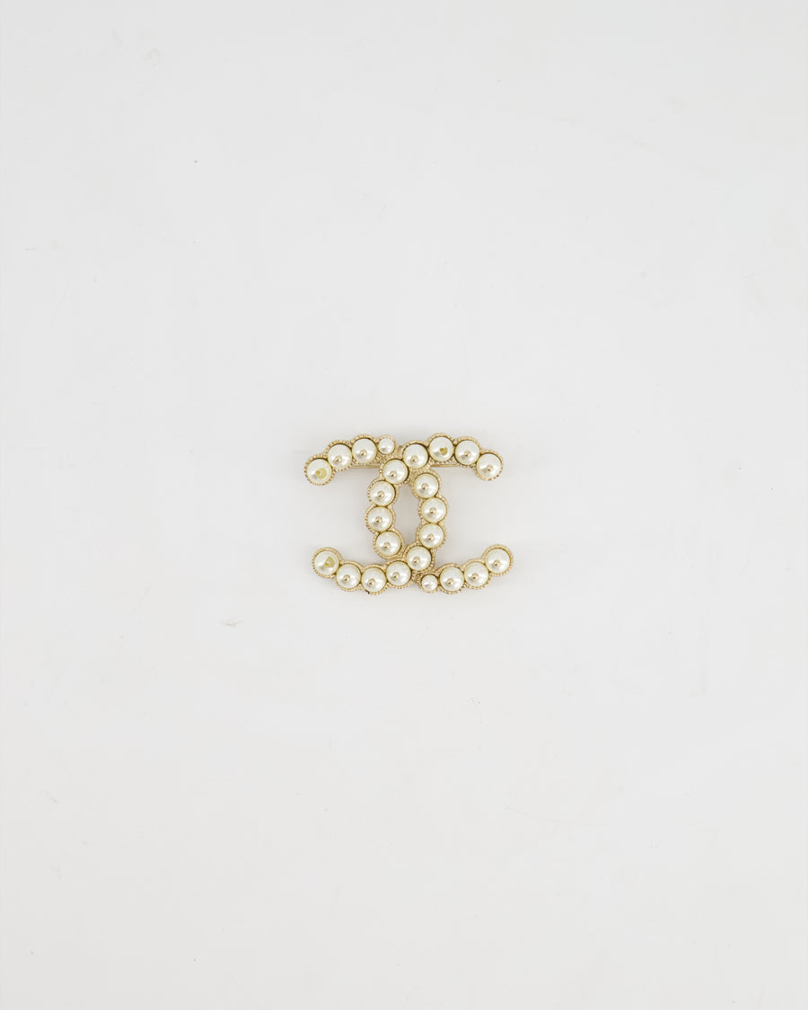 Chanel Champagne Gold Large CC Logo Pearl Brooch