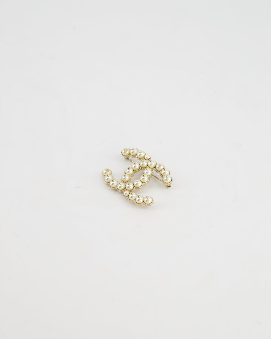 Chanel Champagne Gold Large CC Logo Pearl Brooch