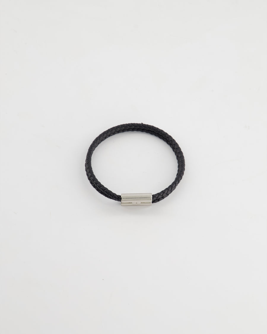 Hermès Black Leather Tournis Tresse Mens Bracelet with Palladium Hardware