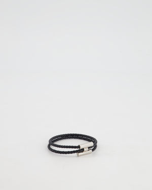 Hermès Black Leather Tournis Tresse Mens Bracelet with Palladium Hardware