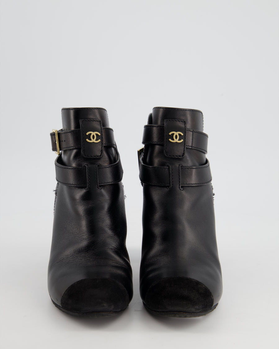 Chanel Black Leather Heeled Boots with CC Gold Logo and Suede Detail Size EU 36.5