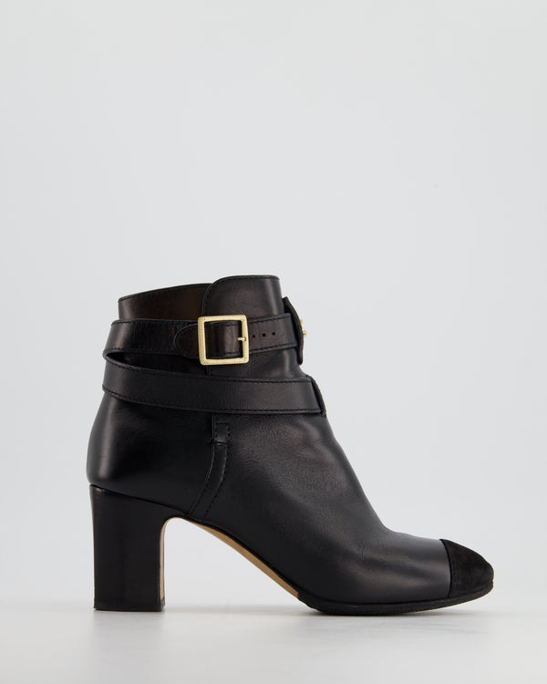 Chanel Black Leather Heeled Boots with CC Gold Logo and Suede Detail Size EU 36.5