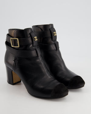 Chanel Black Leather Heeled Boots with CC Gold Logo and Suede Detail Size EU 36.5