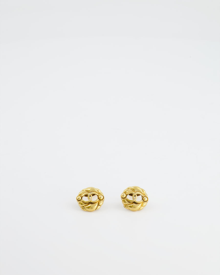 Chanel Vintage Yellow Gold Cut-Out Small Round Clip-On Earrings with CC Logo