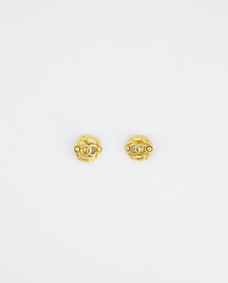 Chanel Vintage Yellow Gold Cut-Out Small Round Clip-On Earrings with CC Logo