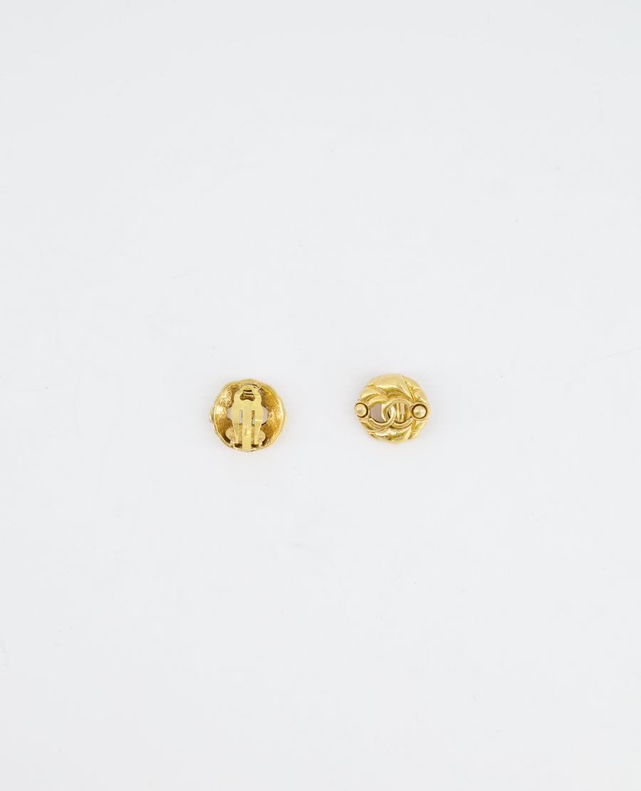 Chanel Vintage Yellow Gold Cut-Out Small Round Clip-On Earrings with CC Logo