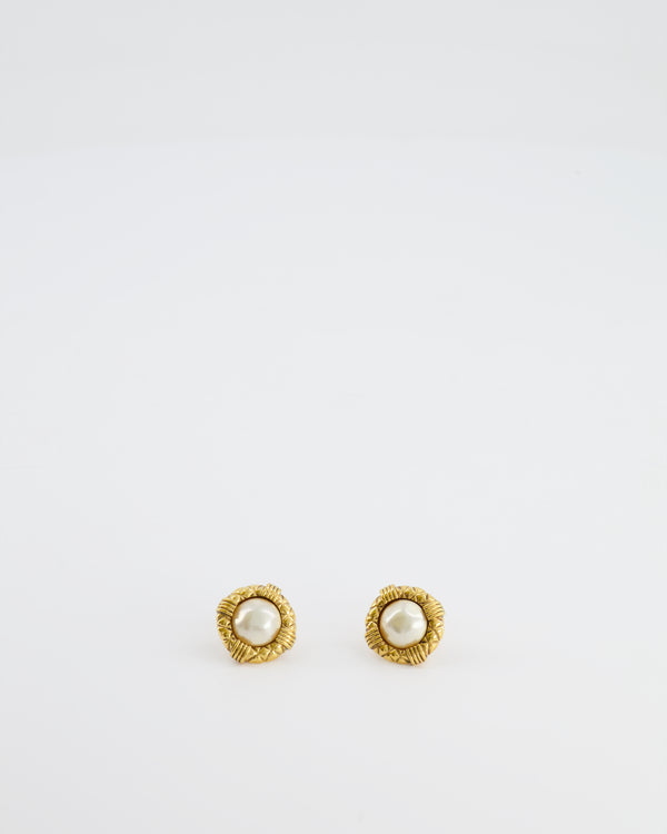 Chanel Vintage Yellow Gold and Pearl Textured Clip-On Earrings