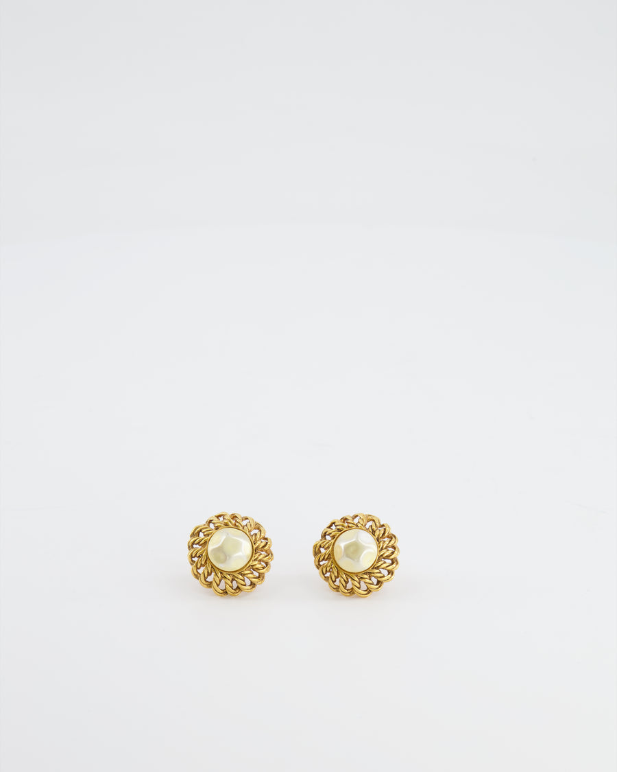 Chanel Vintage Yellow Gold Chain and Textured Pearl Clip-On Earrings