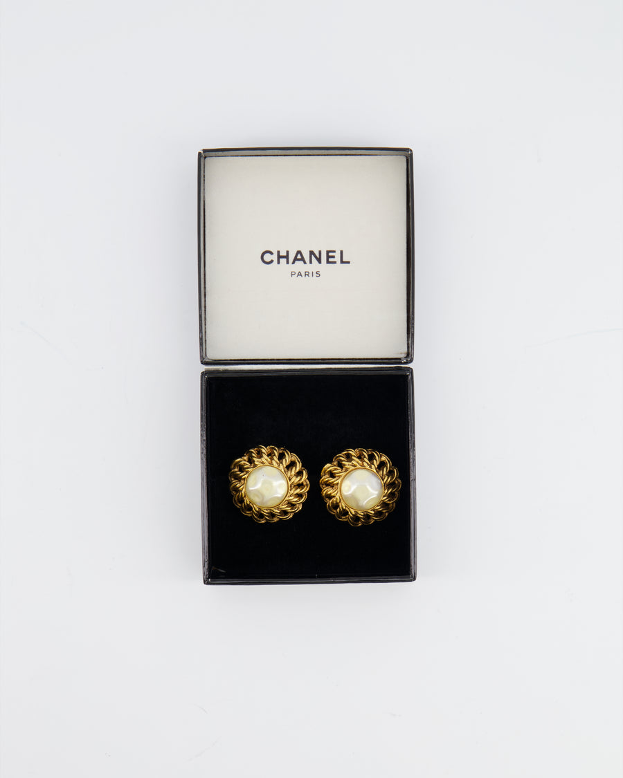 Chanel Vintage Yellow Gold Chain and Textured Pearl Clip-On Earrings