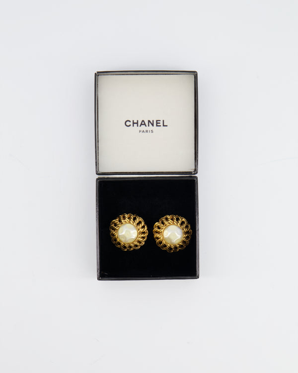 Chanel Vintage Yellow Gold Chain and Textured Pearl Clip-On Earrings