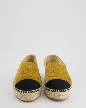 Chanel Gold Velvet and Black Logo Espadrilles with Camellia Embossed Detail Size EU 42