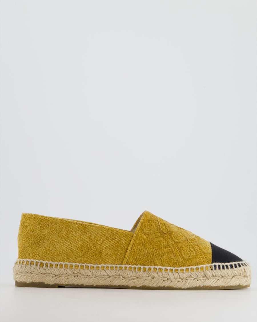 Chanel Gold Velvet and Black Logo Espadrilles with Camellia Embossed Detail Size EU 42