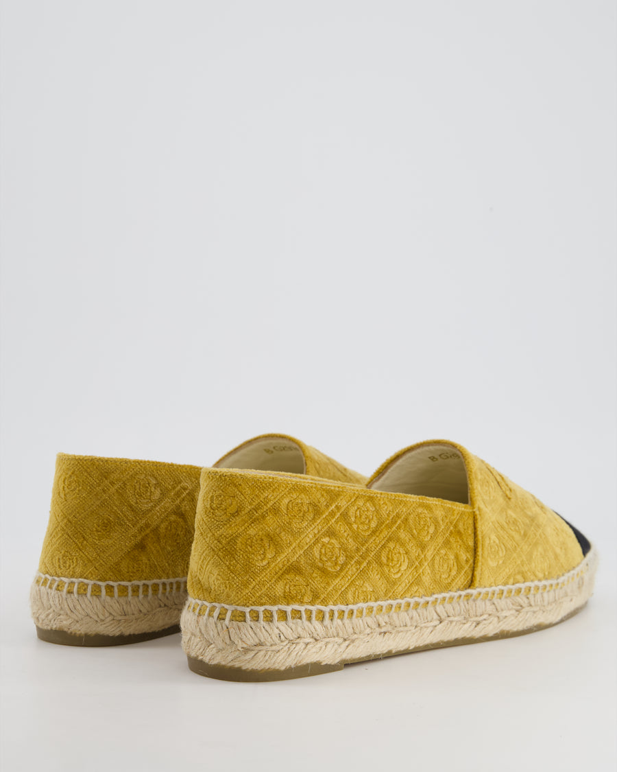 Chanel Gold Velvet and Black Logo Espadrilles with Camellia Embossed Detail Size EU 42