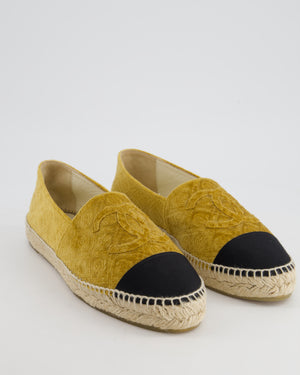 Chanel Gold Velvet and Black Logo Espadrilles with Camellia Embossed Detail Size EU 42