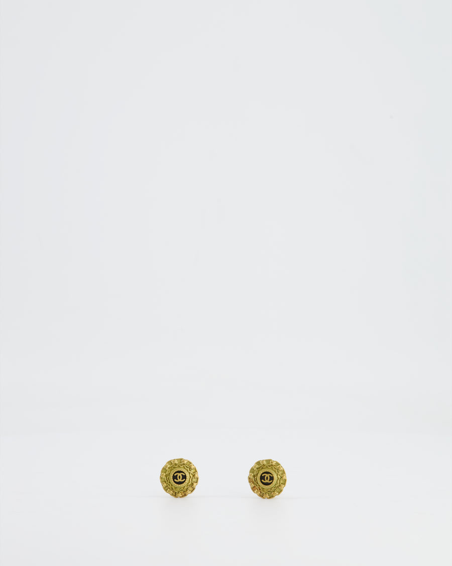 Chanel Vintage Yellow Gold and Black CC Logo Round Clip-On Earrings