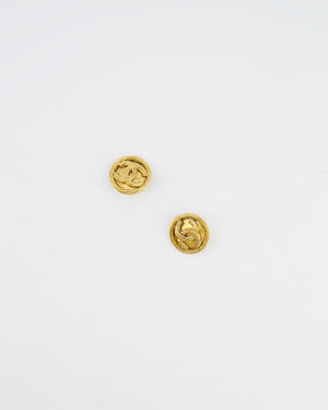 Chanel Vintage Yellow Gold Textured CC Logo Round Clip-On Earrings