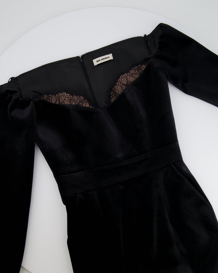 New Arrivals Black Off-Shoulder Velvet Gown Dress with Lace Detailing Size FR 34 (UK 6)