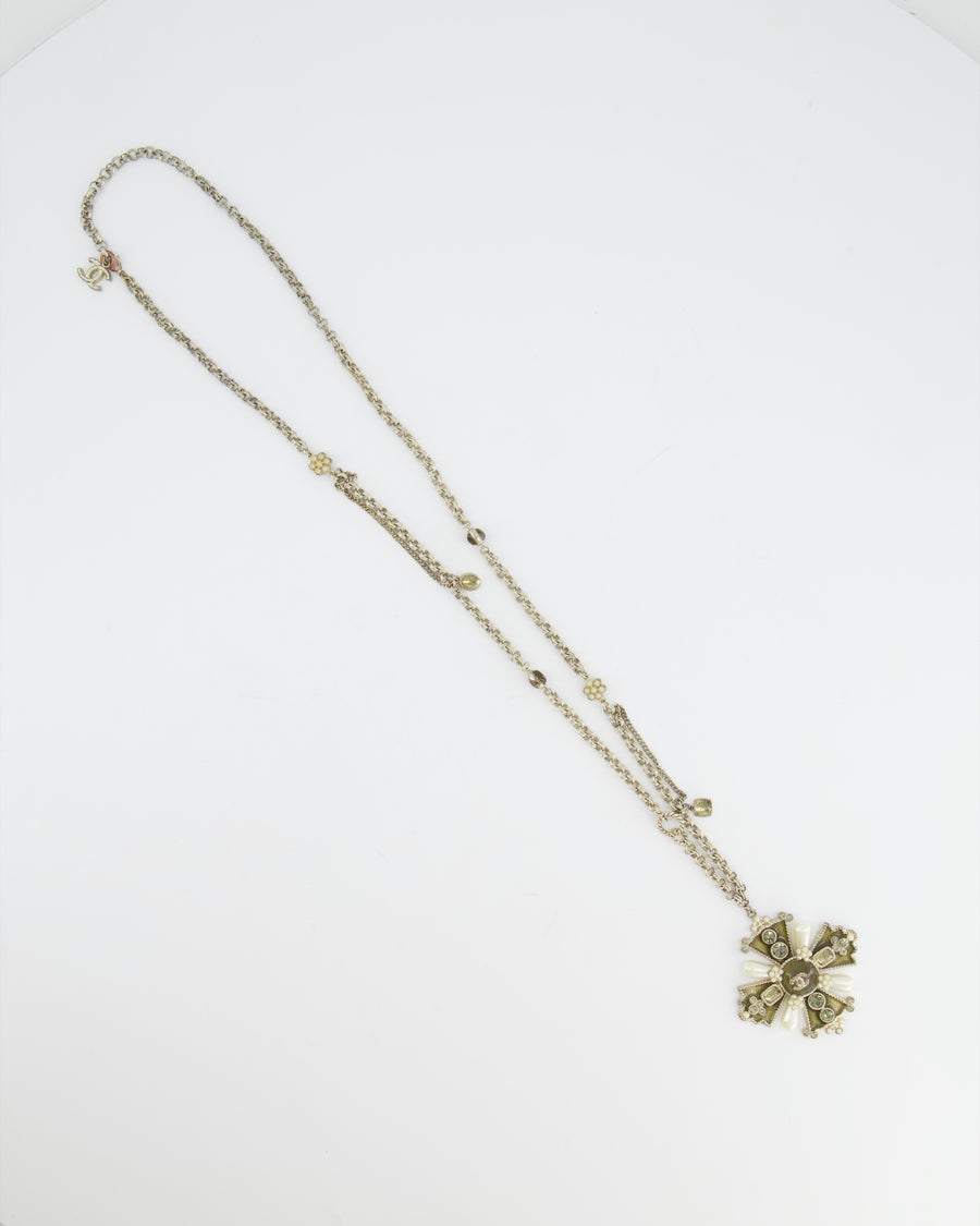 Chanel Silver Cross Pendant Necklace with Crystal Detail