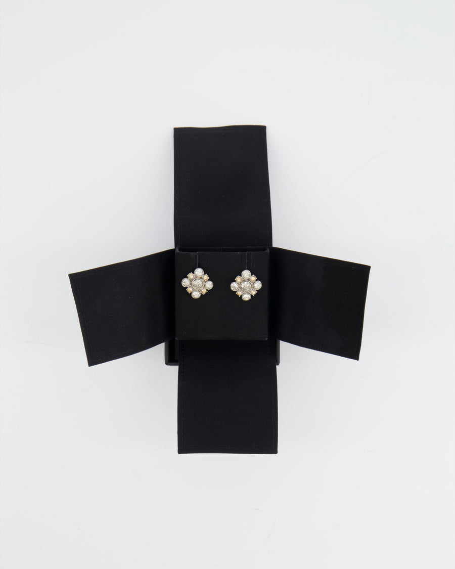 Chanel Vintage Silver Crystal Square Earrings with CC Detail