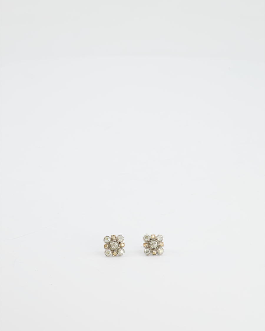 Chanel Vintage Silver Crystal Square Earrings with CC Detail