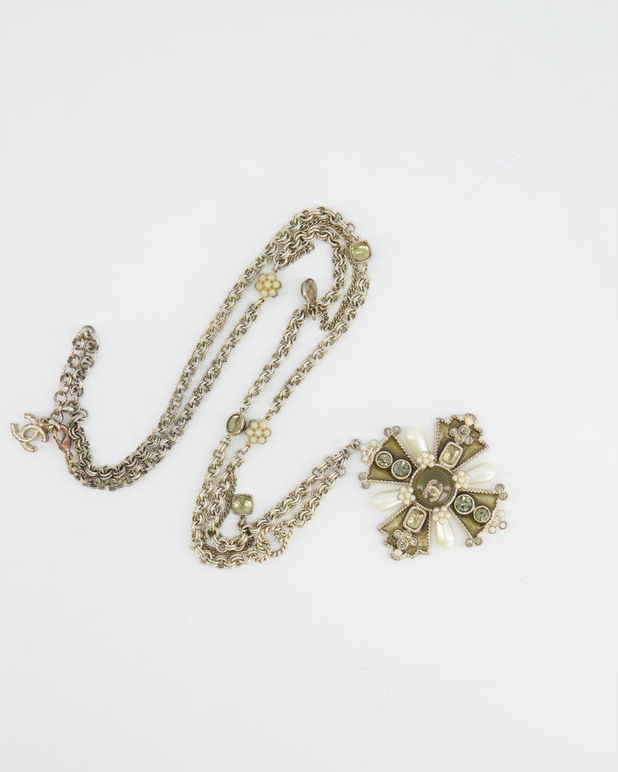 Chanel Silver Cross Pendant Necklace with Crystal Detail