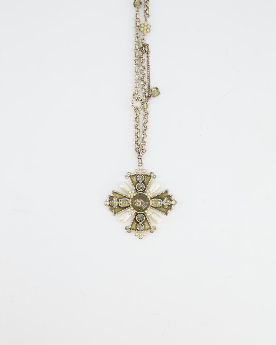 Chanel Silver Cross Pendant Necklace with Crystal Detail