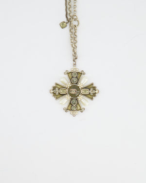 Chanel Silver Cross Pendant Necklace with Crystal Detail