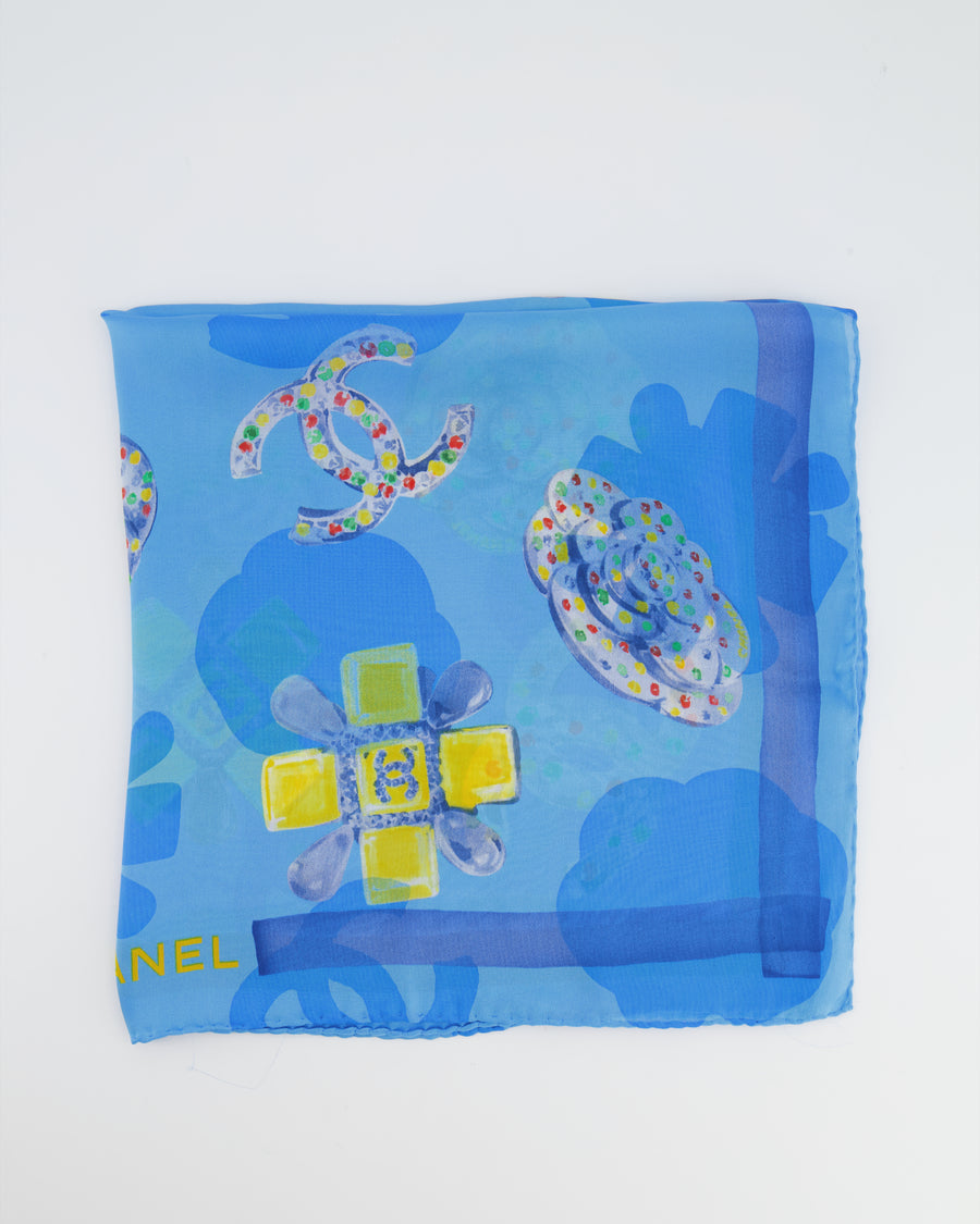 Chanel Blue Printed Silk Scarf with CC Logo Camellia Detail