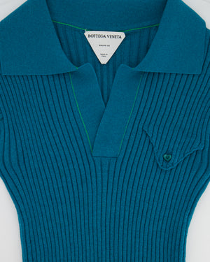 Bottega Veneta Turquoise Ribbed Wool Knit Short Sleeve T-Shirt with Pocket Detail Size Small (UK 8)