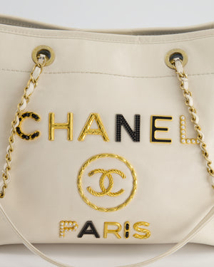 *HOT* Chanel White Small Deauville Tote Bag in Aged Calfskin Leather with Antique Gold Hardware and Pearl, Crystal Logo Detail