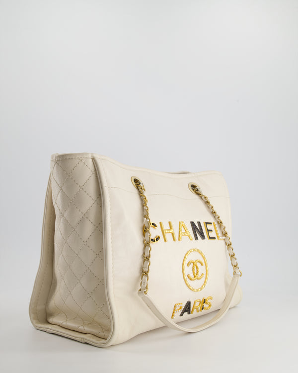 *HOT* Chanel White Small Deauville Tote Bag in Aged Calfskin Leather with Antique Gold Hardware and Pearl, Crystal Logo Detail