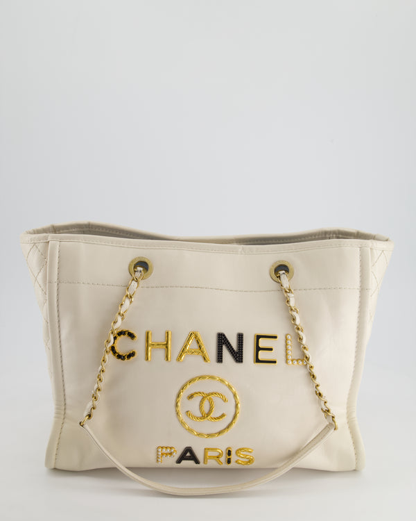 *HOT* Chanel White Small Deauville Tote Bag in Aged Calfskin Leather with Antique Gold Hardware and Pearl, Crystal Logo Detail