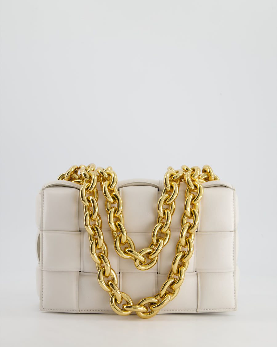 Bottega Veneta White Chain Cassette Bag in Calfskin Leather with Gold Hardware RRP £3,760