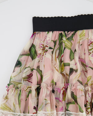 Dolce & Gabbana Pink Multicolour Floral Printed Mini Ruffle Skirt with Lace Detail Size IT 38 (UK 6)