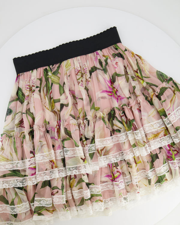 Dolce & Gabbana Pink Multicolour Floral Printed Mini Ruffle Skirt with Lace Detail Size IT 38 (UK 6)