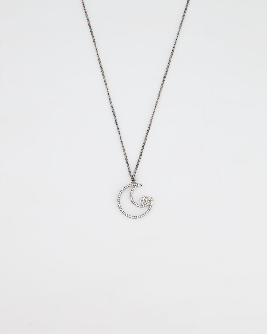 Chanel Half Moon Crystal Pendant Necklace with CC Detail and Gunmetal Hardware