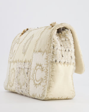 Chanel Cream Patchwork Single Flap Bag in Fabric and Patent Leather with Brushed Gold Hardware