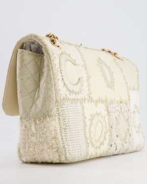 Chanel Cream Patchwork Single Flap Bag in Fabric and Patent Leather with Brushed Gold Hardware