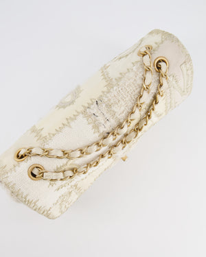 Chanel Cream Patchwork Single Flap Bag in Fabric and Patent Leather with Brushed Gold Hardware