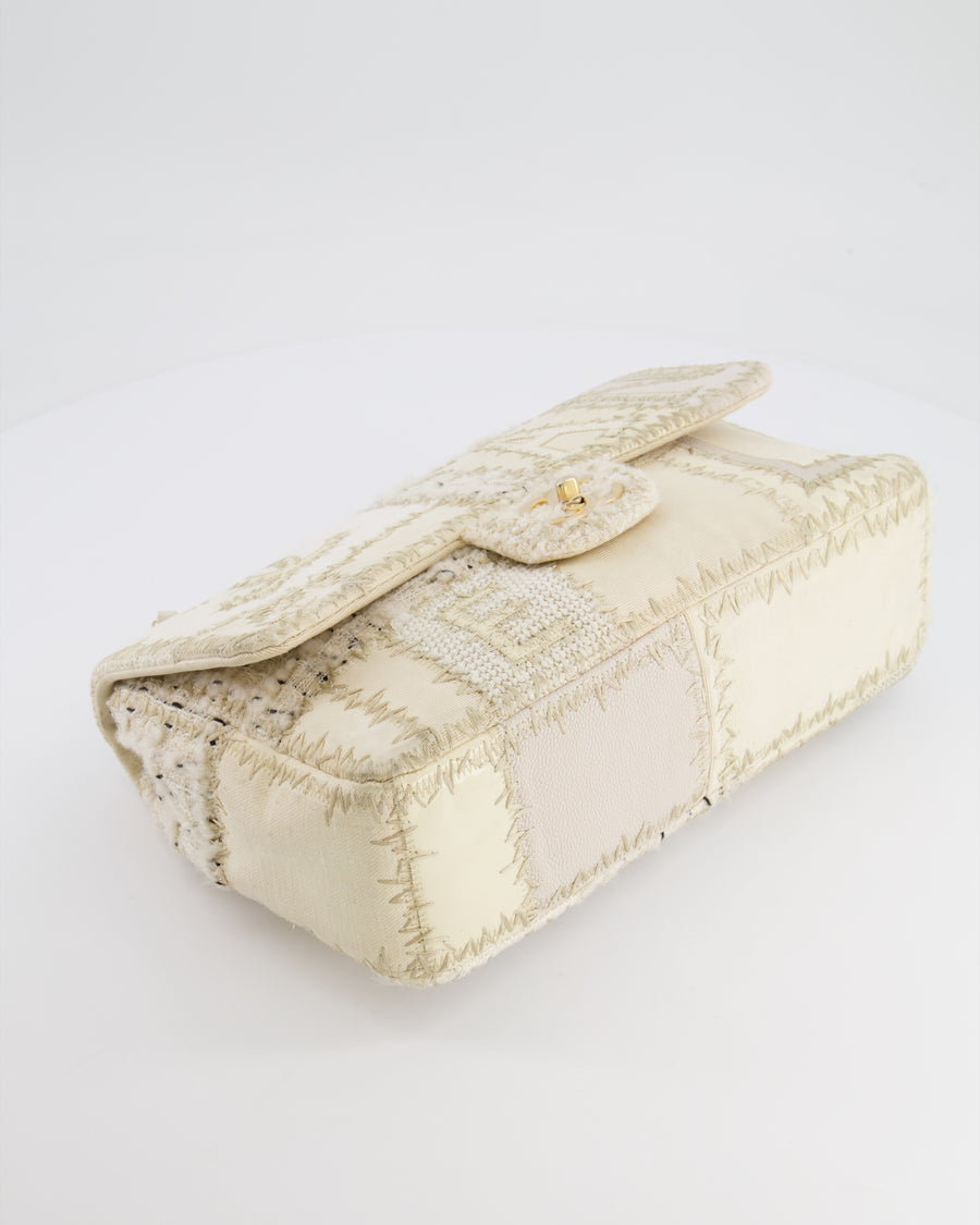 Chanel Cream Patchwork Single Flap Bag in Fabric and Patent Leather with Brushed Gold Hardware