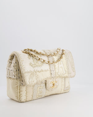 Chanel Cream Patchwork Single Flap Bag in Fabric and Patent Leather with Brushed Gold Hardware