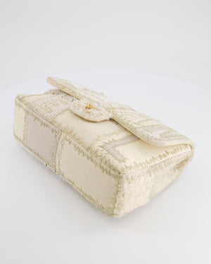 Chanel Cream Patchwork Single Flap Bag in Fabric and Patent Leather with Brushed Gold Hardware